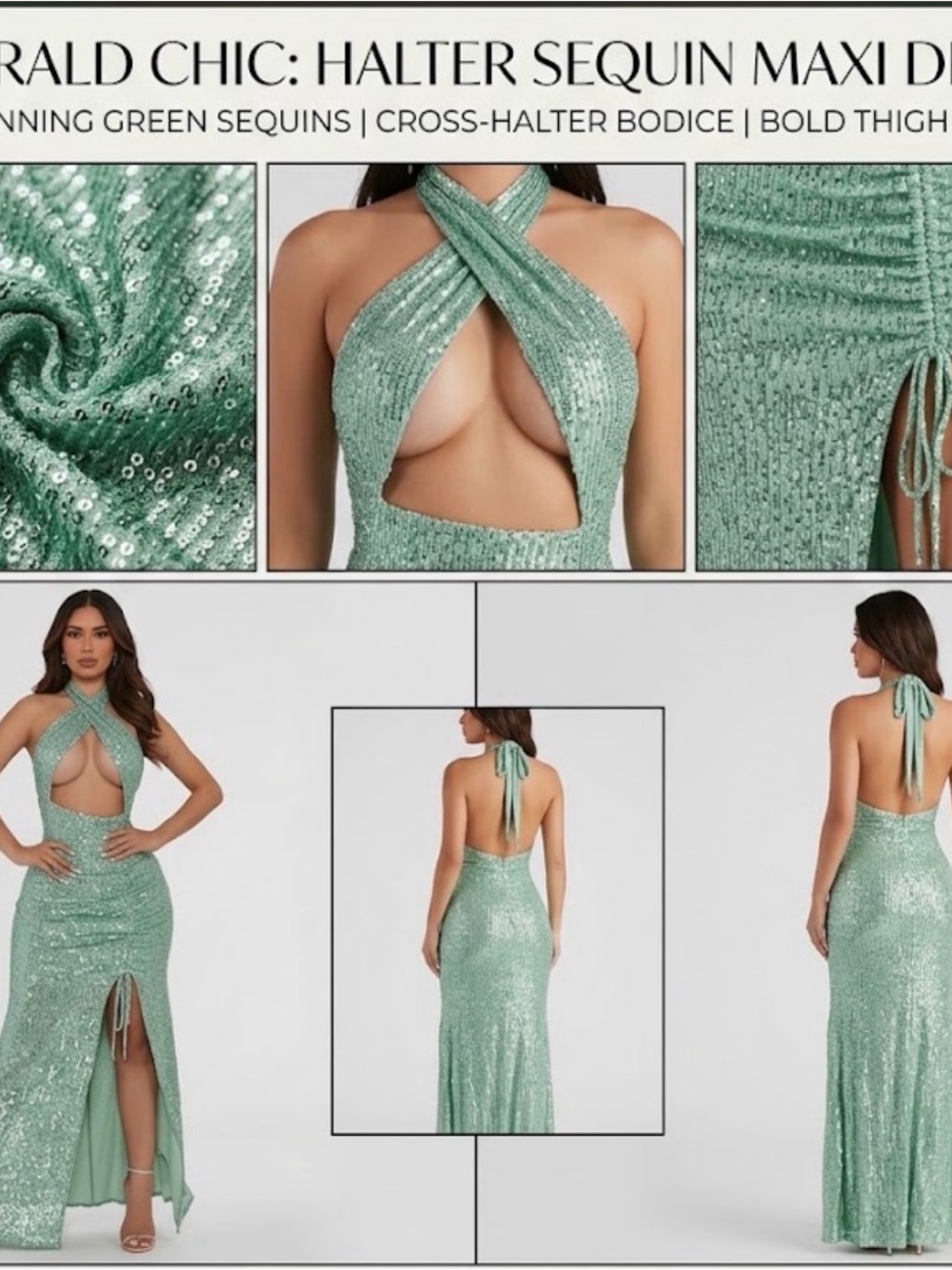 Sequin Halter Cutout Maxi Dress - Mint Green